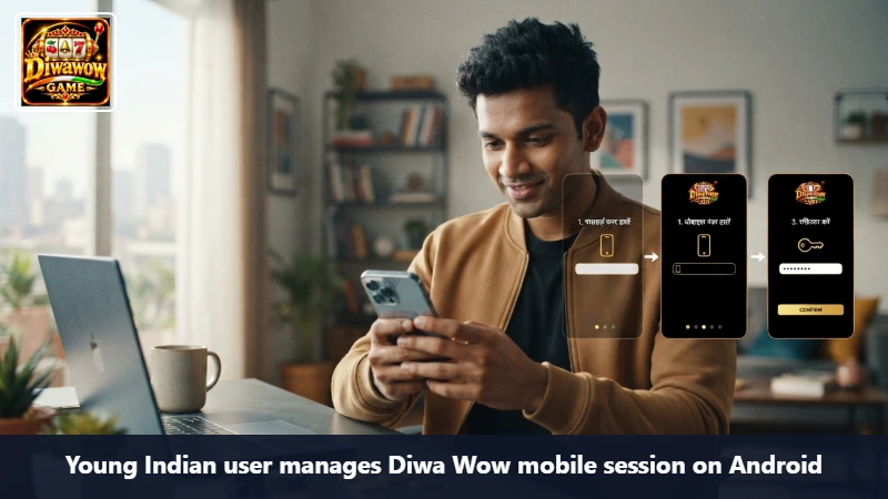 Young Indian user manages Diwa Wow mobile session on Android
